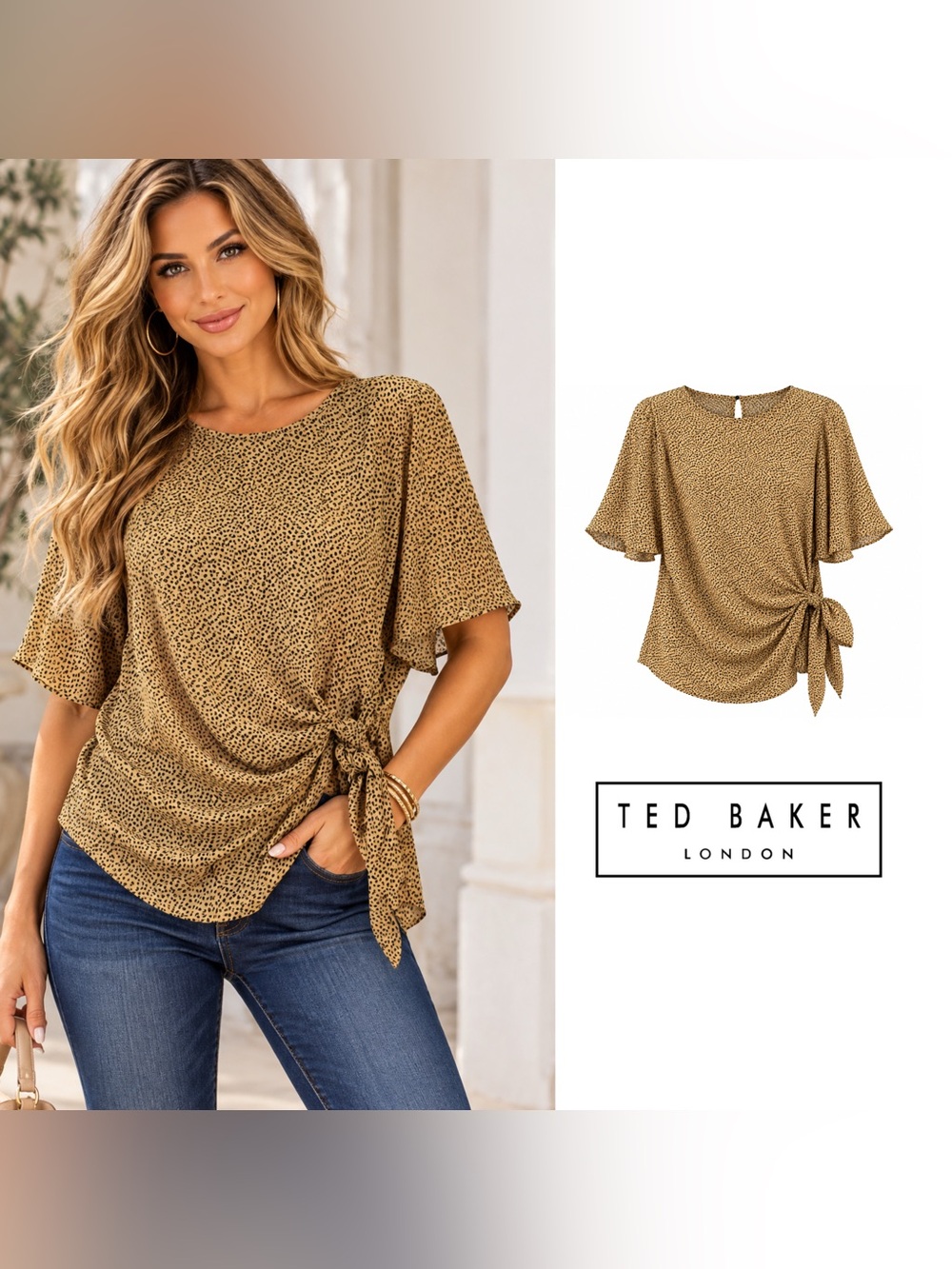 Ted Baker Tan Leopard-Print Tie-Side Blouse